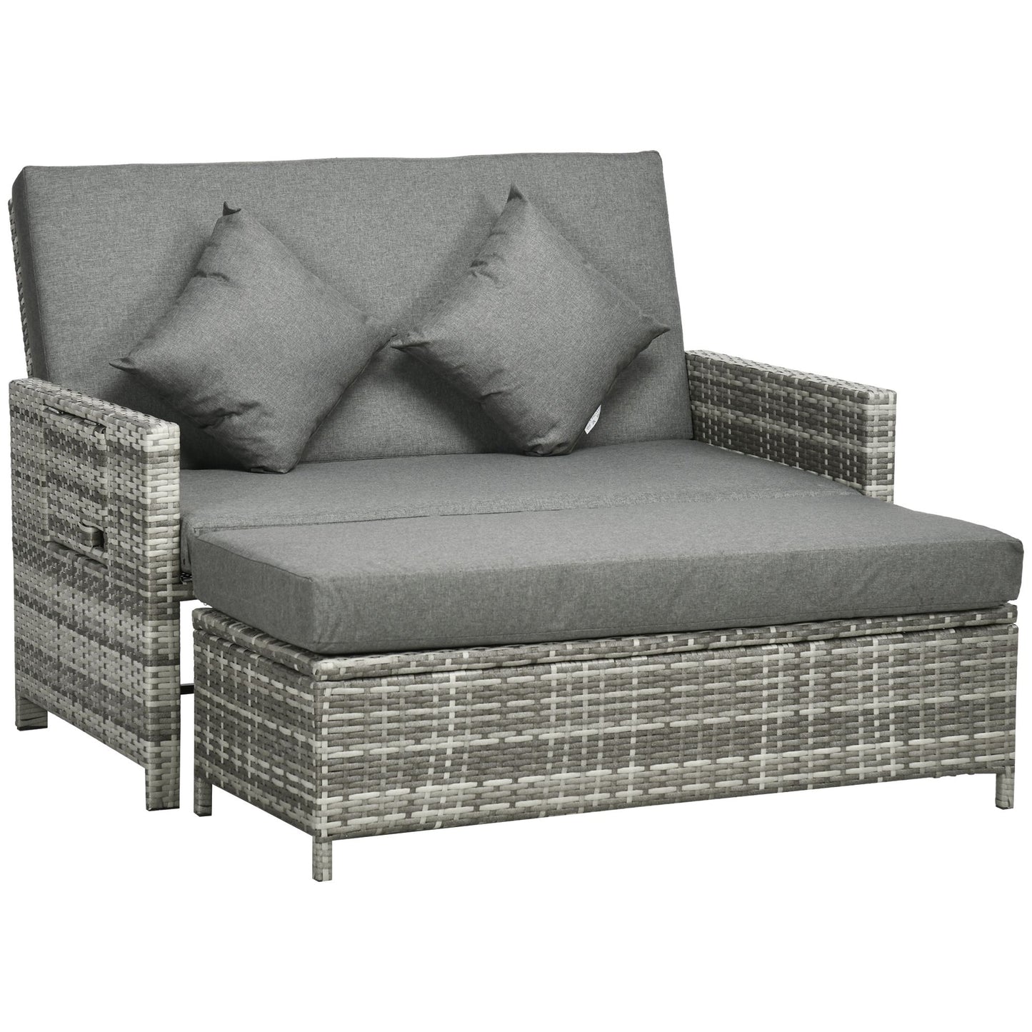 Elco Faux Rattan Mixed Grey Double Outdoor Daybed With Adjustable Back Storage Ottoman Cushions And Trays