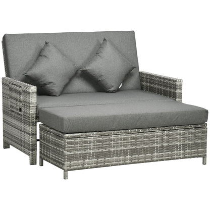 Elco Faux Rattan Mixed Grey Double Outdoor Daybed With Adjustable Back Storage Ottoman Cushions And Trays