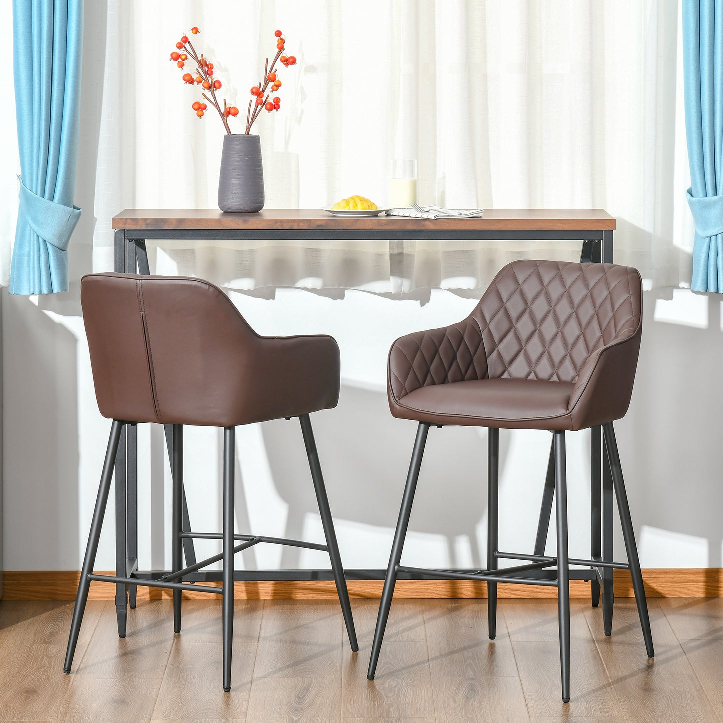 Mayore Faux Leather Brown Retro Bar Chairs Set Of 2 With Metal Frame And Footrest