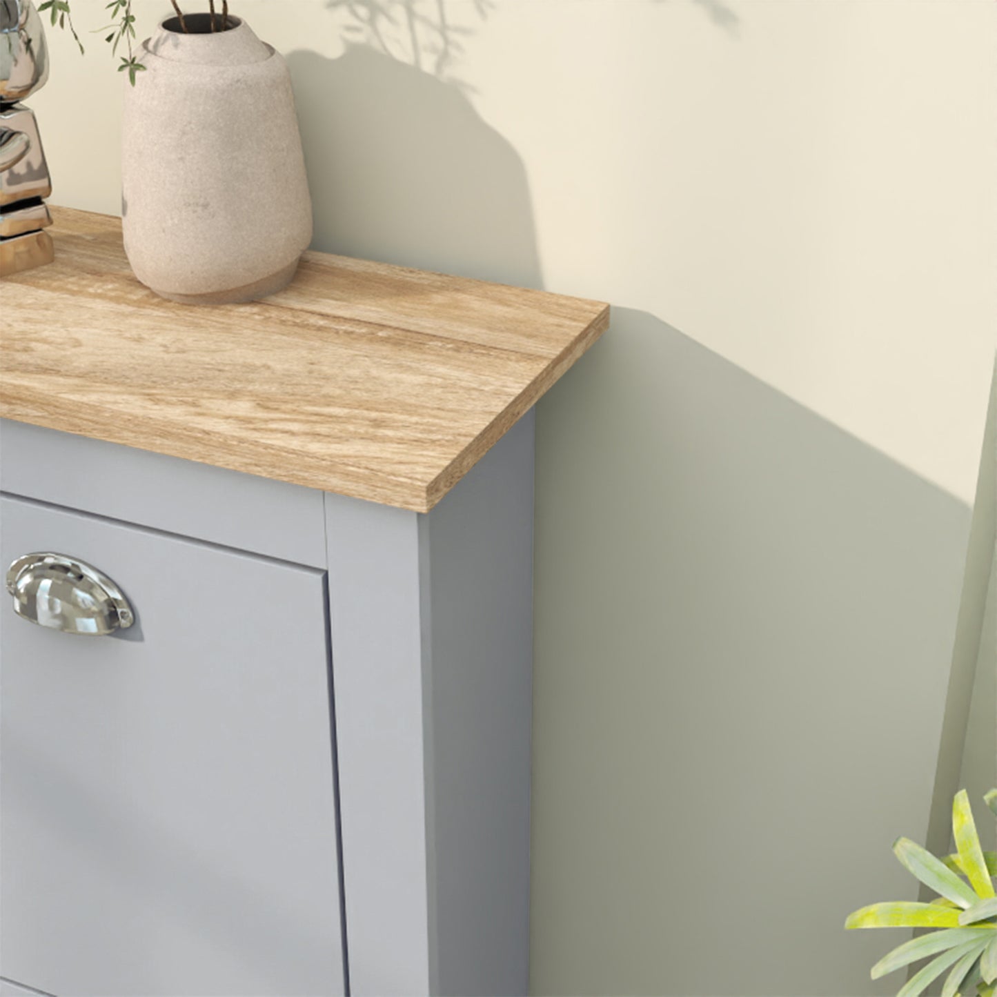 Kamcha Grey and Natural Wood Narrow Shoe Cabinet With 2 Flip Drawers For 6 To 12 Pairs