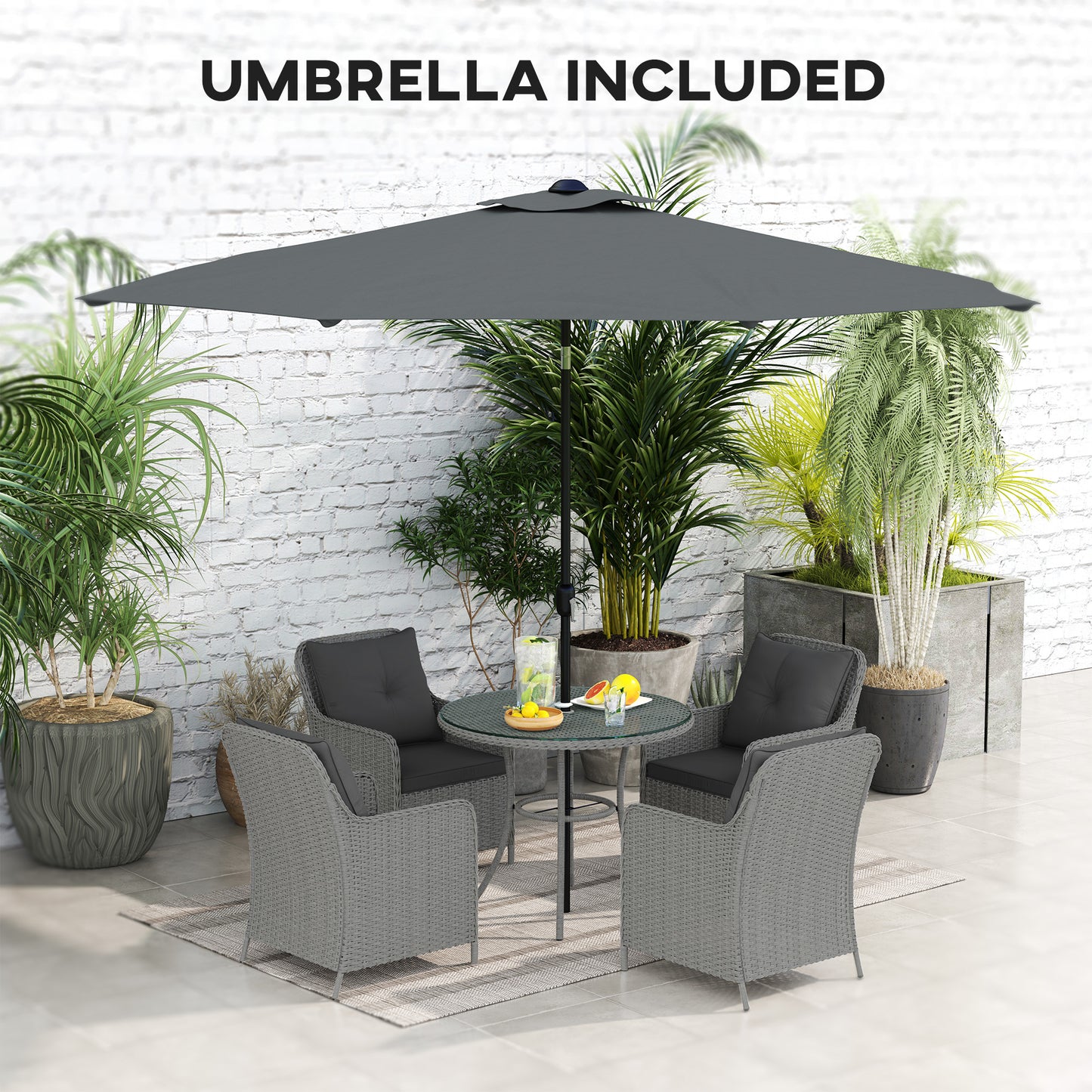 Hasa Rattan Light Grey 4 Seater Outdoor Dining Set With Cushions And Parasol