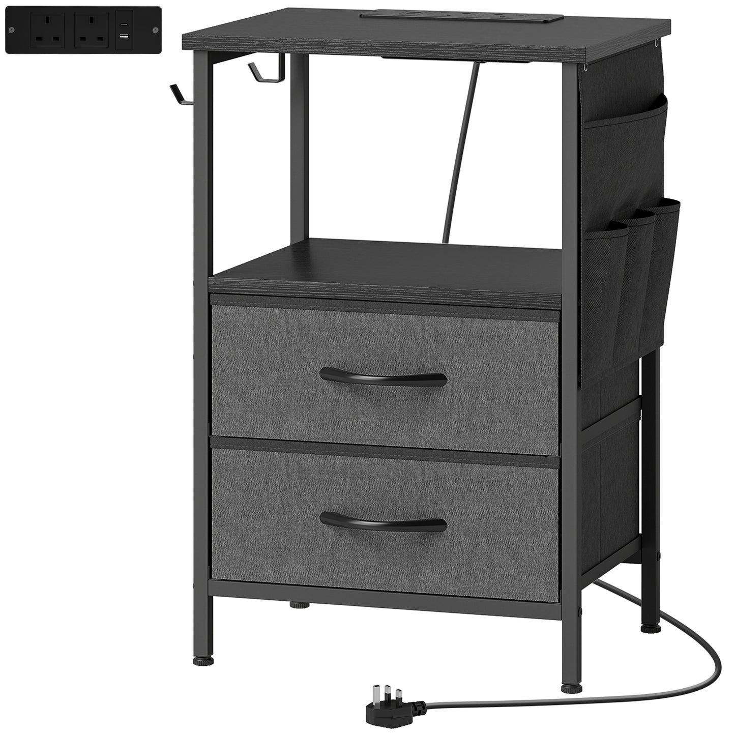 Pado Metal Black Bedside Table 2 Grey Fabric Fold Down Drawers With Integrated Charging Station