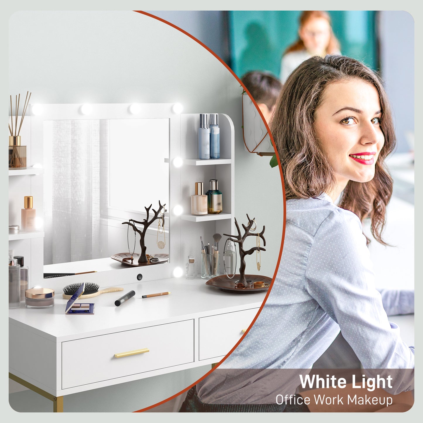Doraro White LED Dressing Table With Lighted Mirror Cushioned Stool Drawers And Shelves