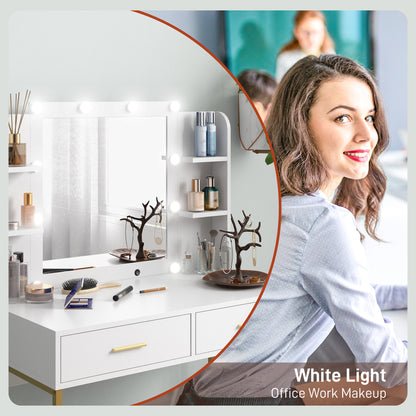 Doraro White LED Dressing Table With Lighted Mirror Cushioned Stool Drawers And Shelves