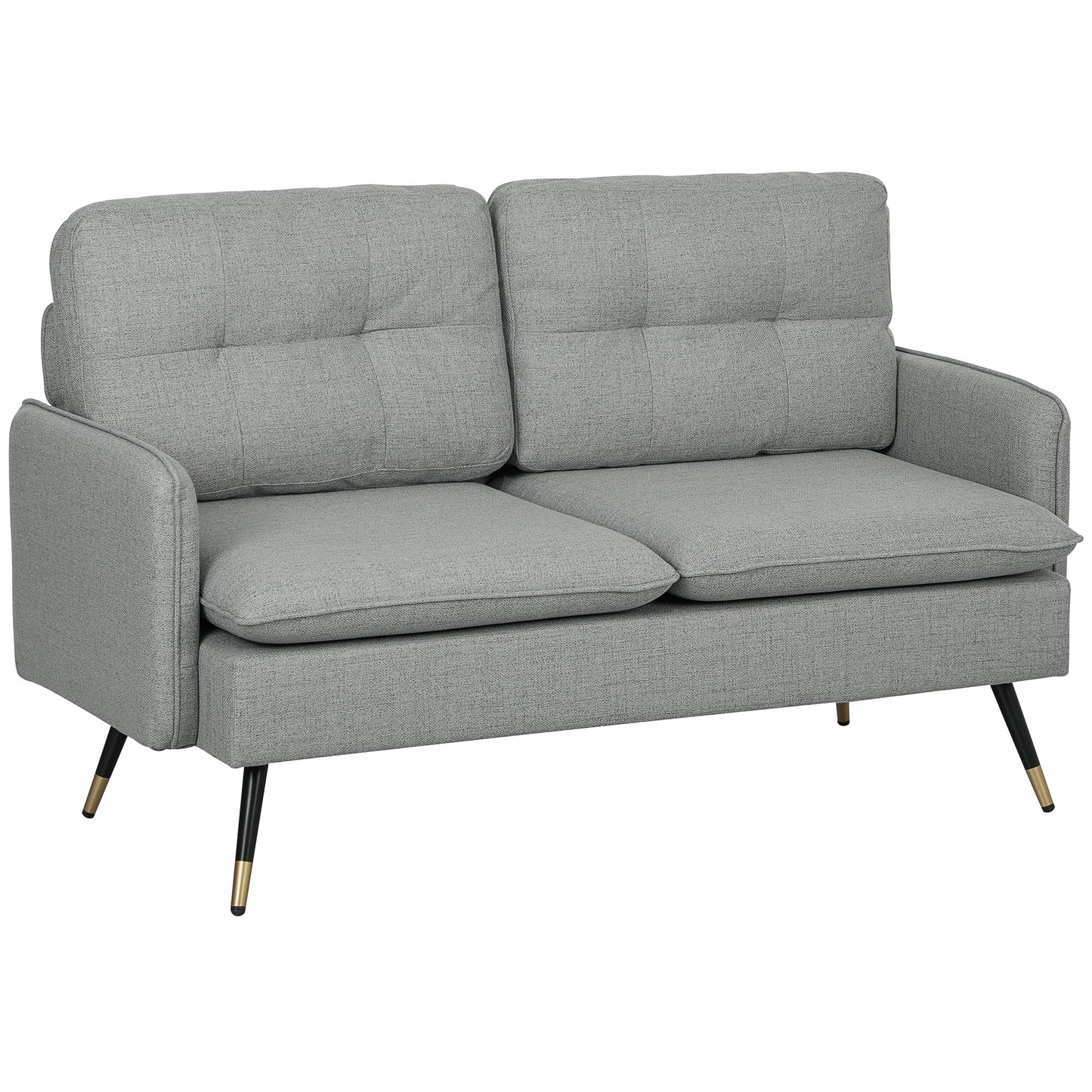 Fine Fabric Grey Button Tufted 2 Seater Sofa With Cushions And Steel Legs