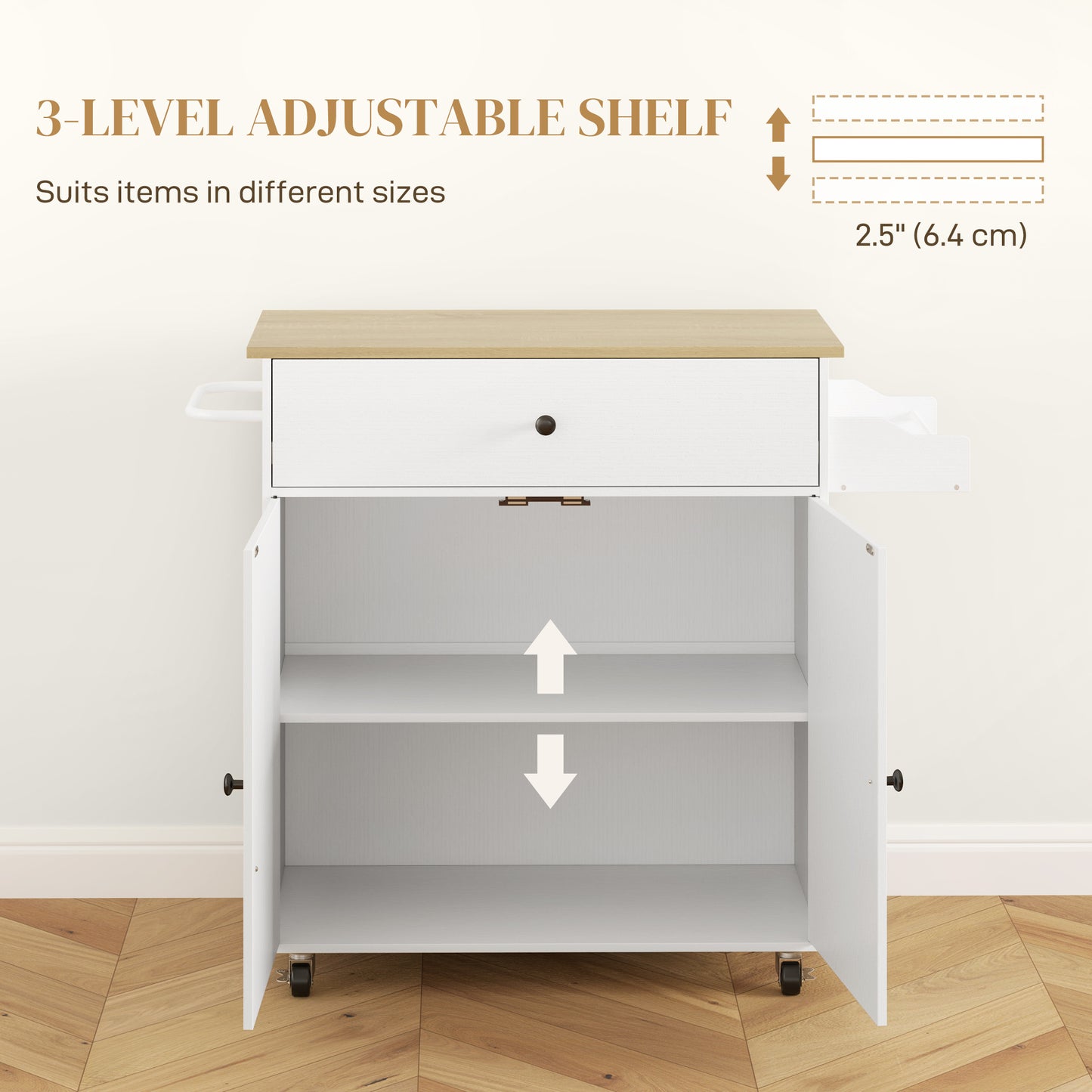 Seto Wooden White Rolling Kitchen Island With Drop Leaf Drawer Spice Rack And Towel Rail