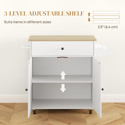 Seto Wooden White Rolling Kitchen Island With Drop Leaf Drawer Spice Rack And Towel Rail