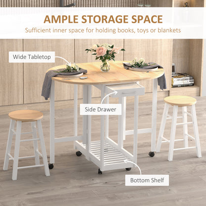 Rasola Wooden White Mobile Drop Leaf Dining Table With Stools Drawers Shelving And Wheels