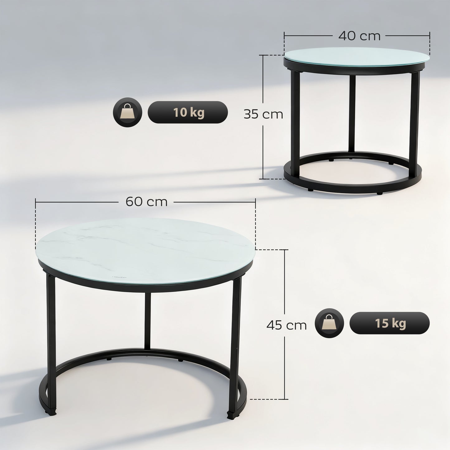 Sosuri Set Of 2 Round Nesting Tables Metal And Glass White With Marble Effect Tops