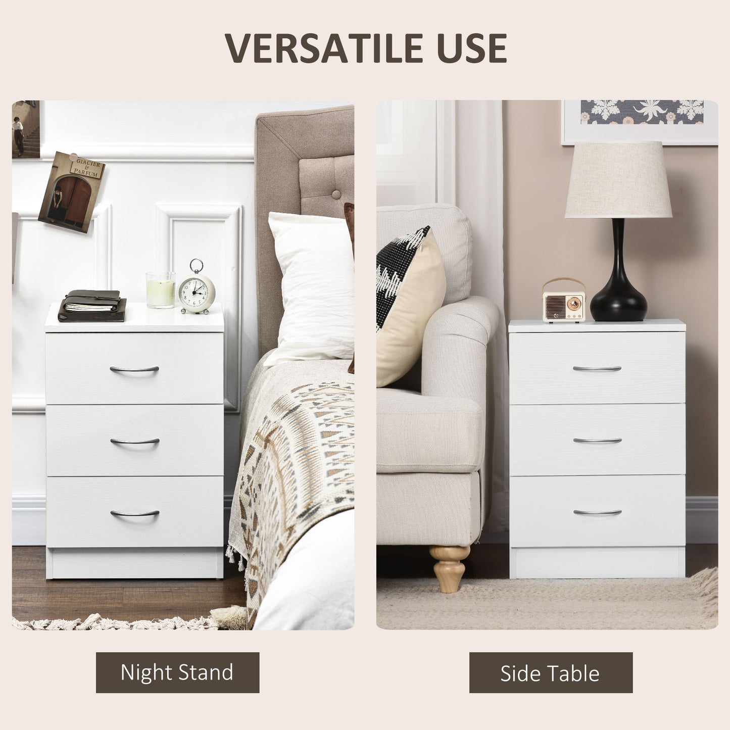 Yotose White Wood 3 Drawer Bedside Table with Silver Metal Handles
