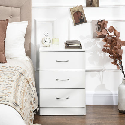 Yotose White Wood 3 Drawer Bedside Table with Silver Metal Handles