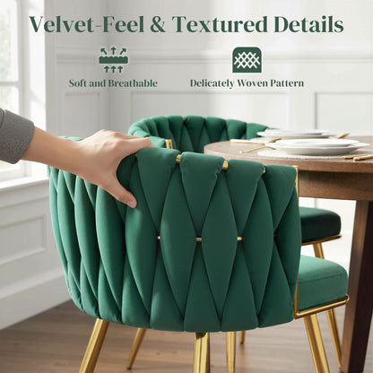 Sosura Set Of 2 Dark Green Velvet Upholstered Dining Chairs With Woven Backrest