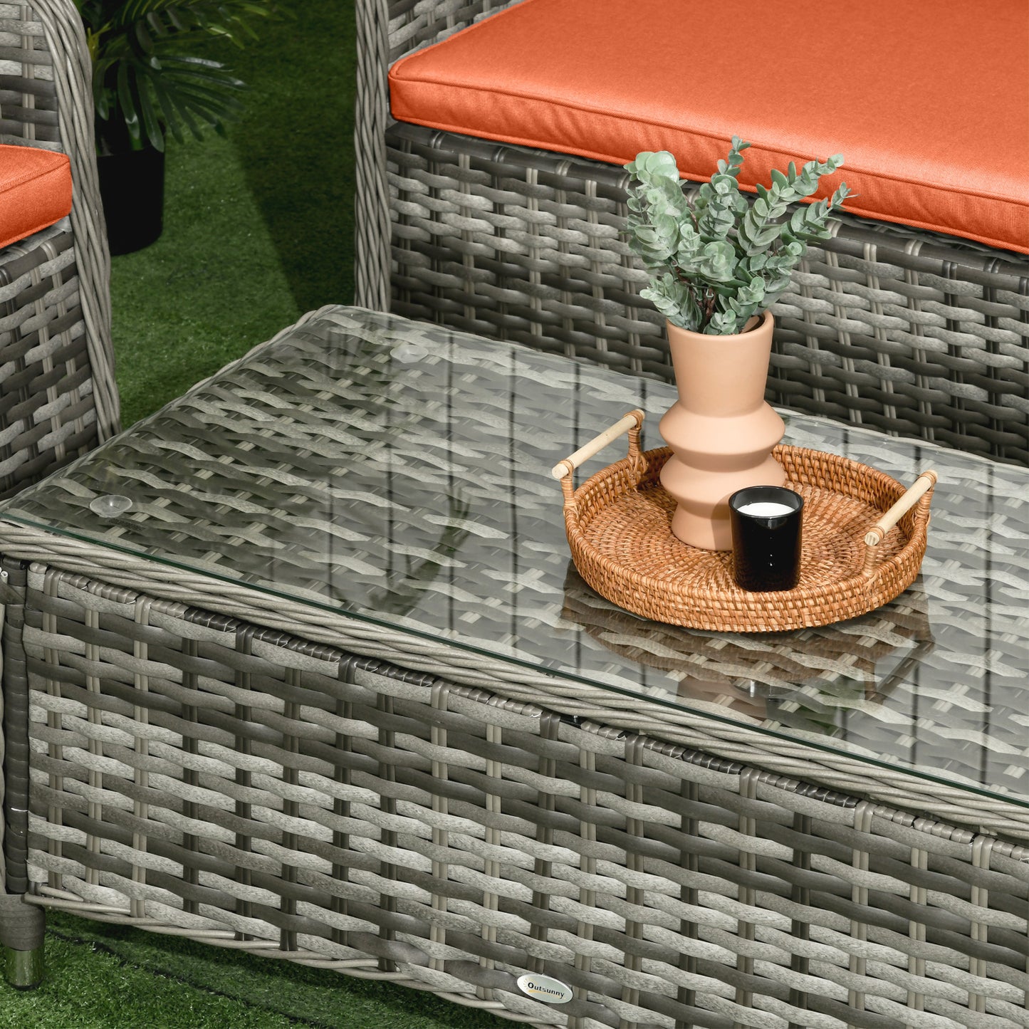 Yoro Grey Rattan Orange 4 Seater Outdoor Sofa Set With Glass Coffee Table