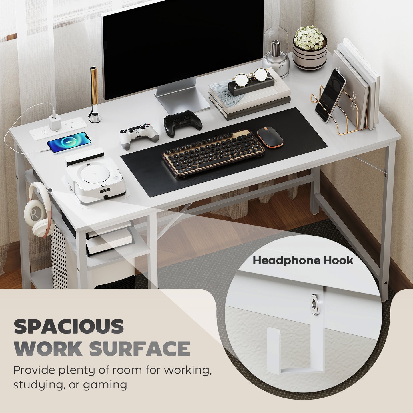 Vima 120cm White Home Office Desk With Integrated Power Sockets