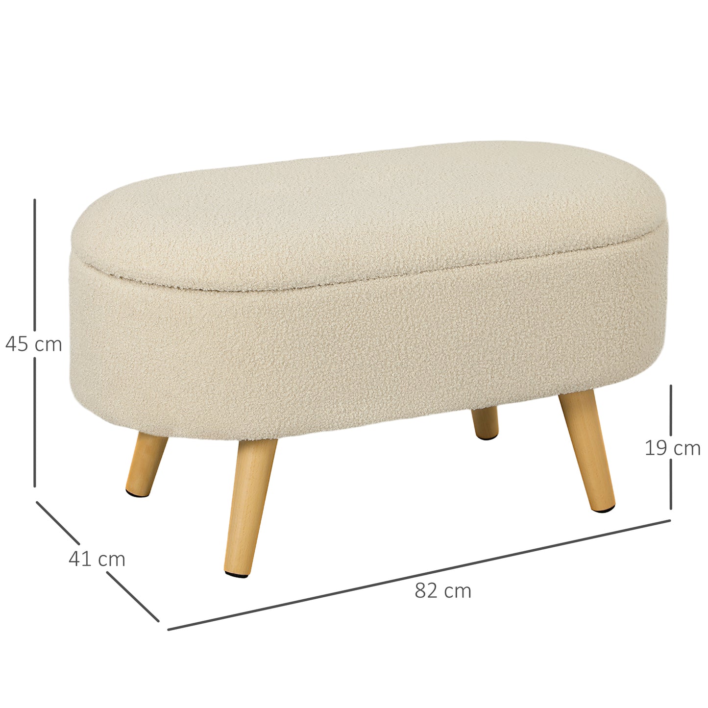 Molasa Boucle Cream White Storage Ottoman Teddy Fleece Natural Wooden Legs