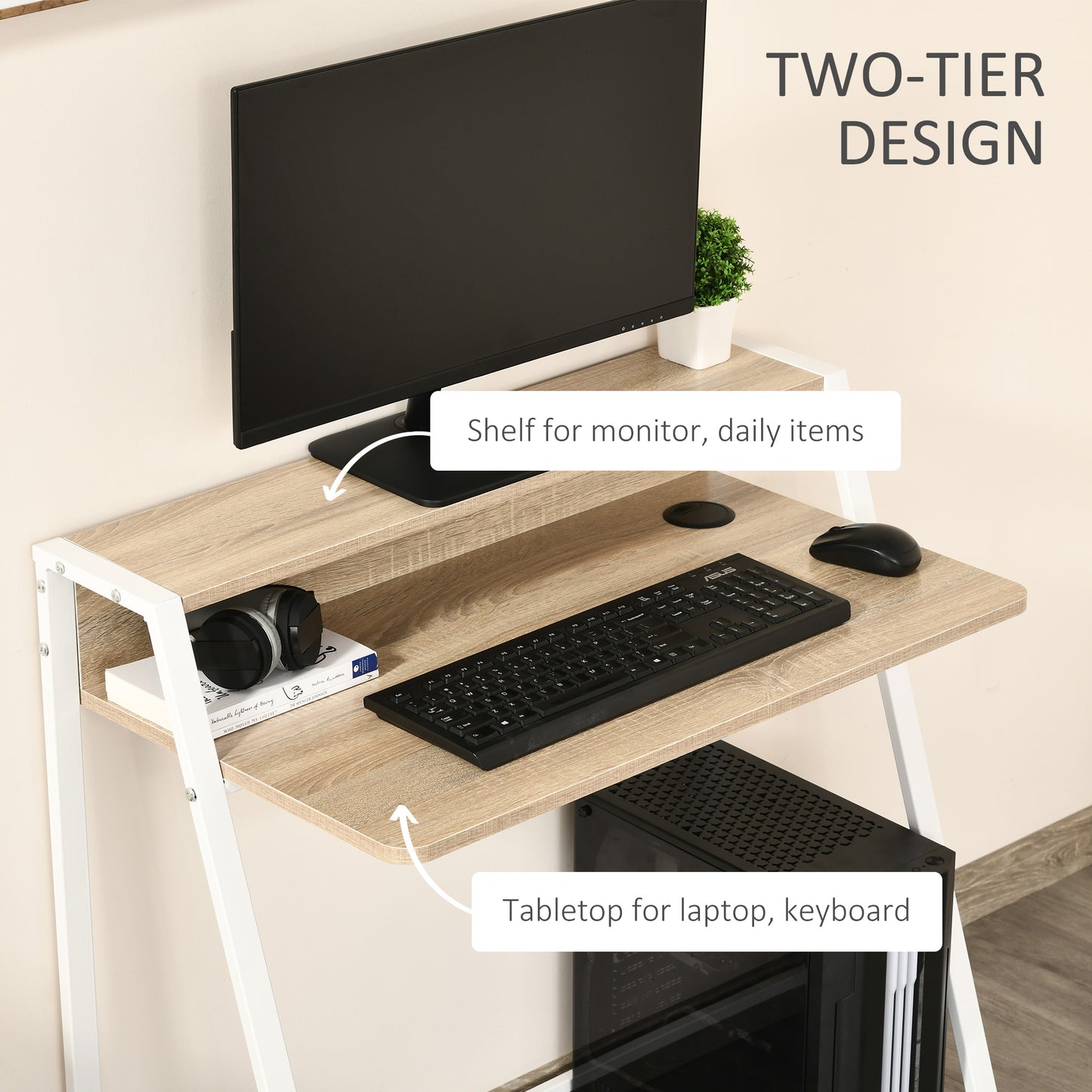 Dodosu 84cm Wooden White And Oak Compact Writing Desk With Storage Shelf
