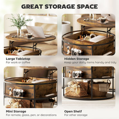 Renata Metal And Wooden Brown Round Lift Top Coffee Table With Hidden Storage