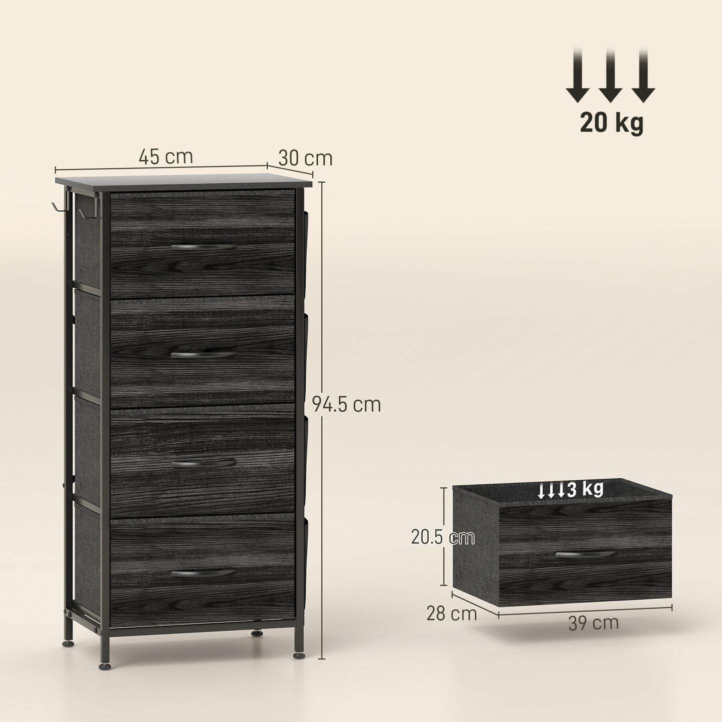 Reniva Fabric And Metal Black 4 Drawer Storage Chest