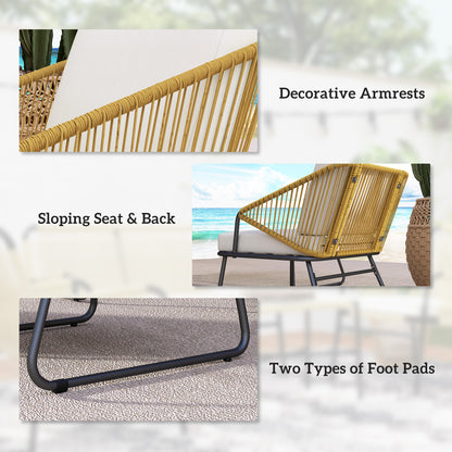 Lupano Natural Rattan Rope White Cushions 4 Seater Outdoor Sofa Set with Square Table