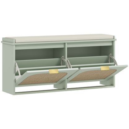 Rika Wooden Light Green Boho Style Shoe Bench With Cushioned Seat And 2 Flip Drawers