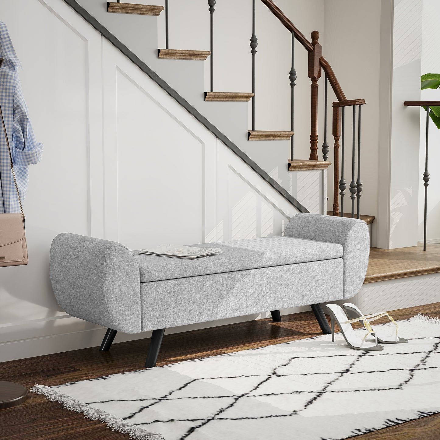 Nesama Linen Grey Storage Bench With Armrest
