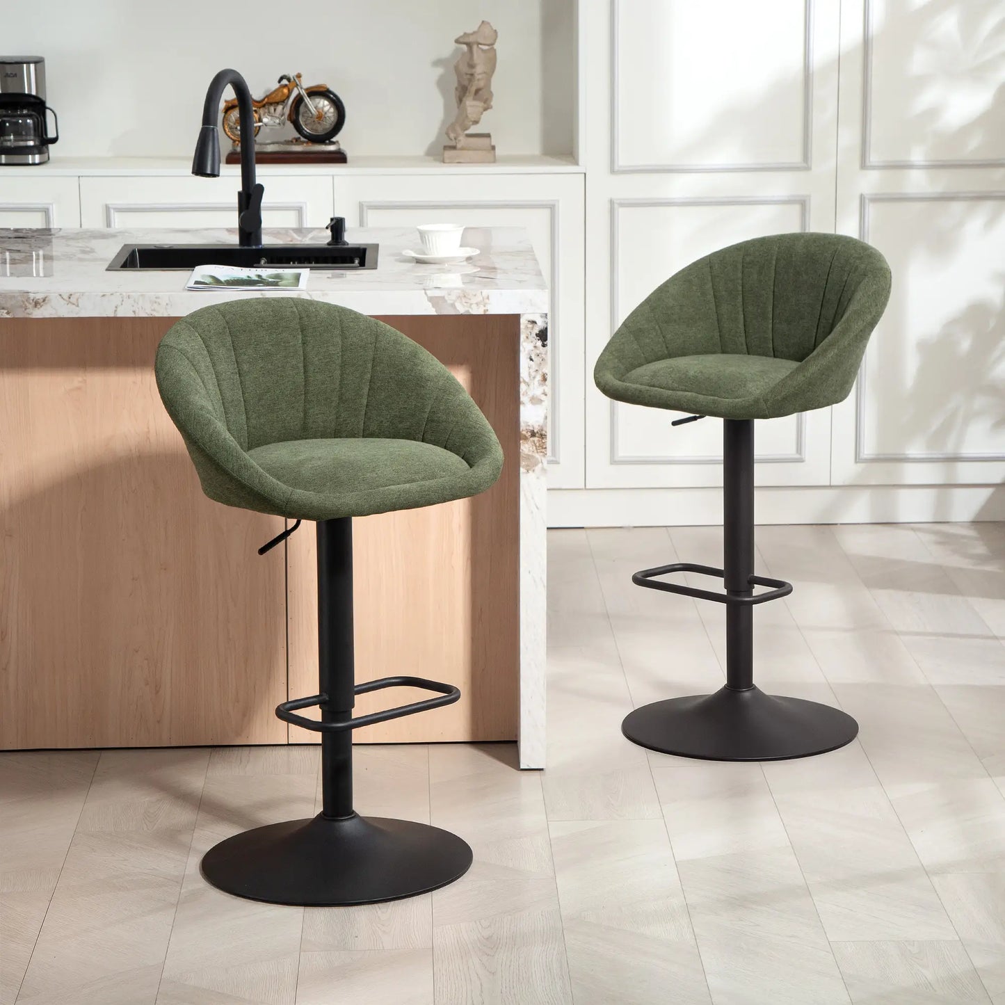 Spetti Fabric Dark Green Relaxed Tub Bar Stools Set Of 2 With Curved Seat