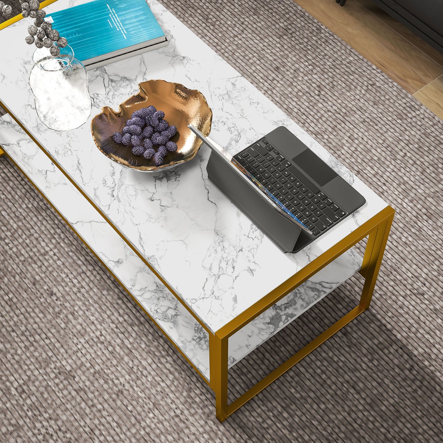Vile Metal And Wooden White Marble Effect 2 Tier Coffee Table With Bottom Shelf
