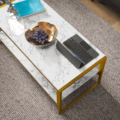 Vile Metal And Wooden White Marble Effect 2 Tier Coffee Table With Bottom Shelf