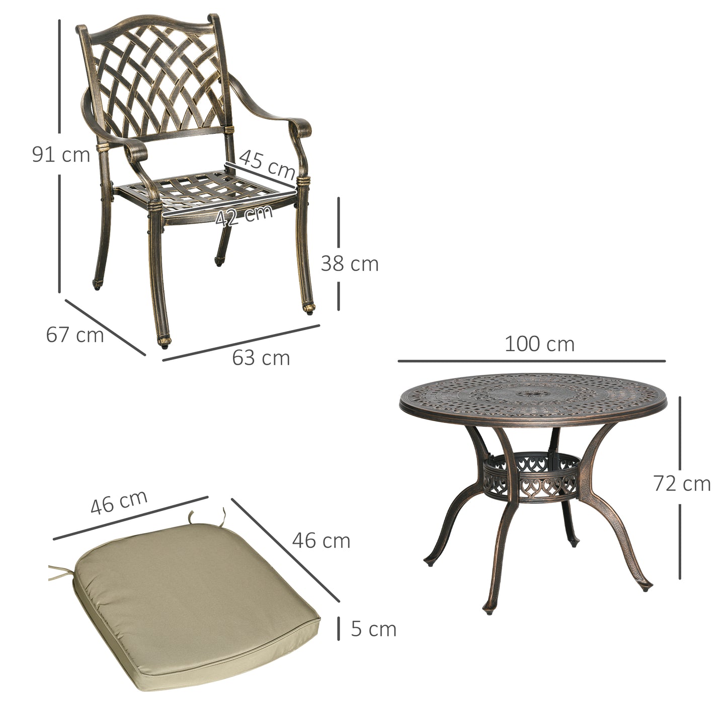 Nera Cast Aluminium Bronze 4 Seater Outdoor Dining Set With Cushions And Round Table