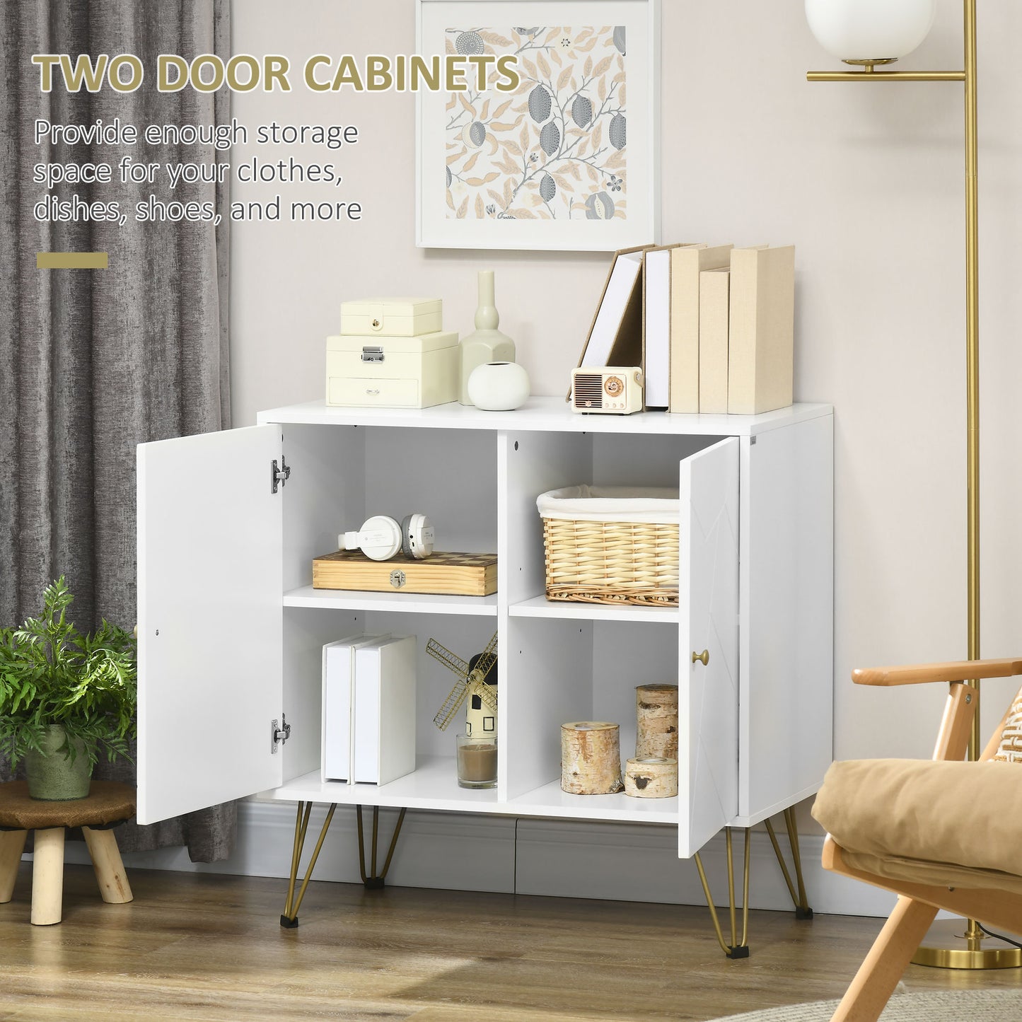 Vifiva White Slim Sideboard With Gold Hairpin Legs 2 Doors