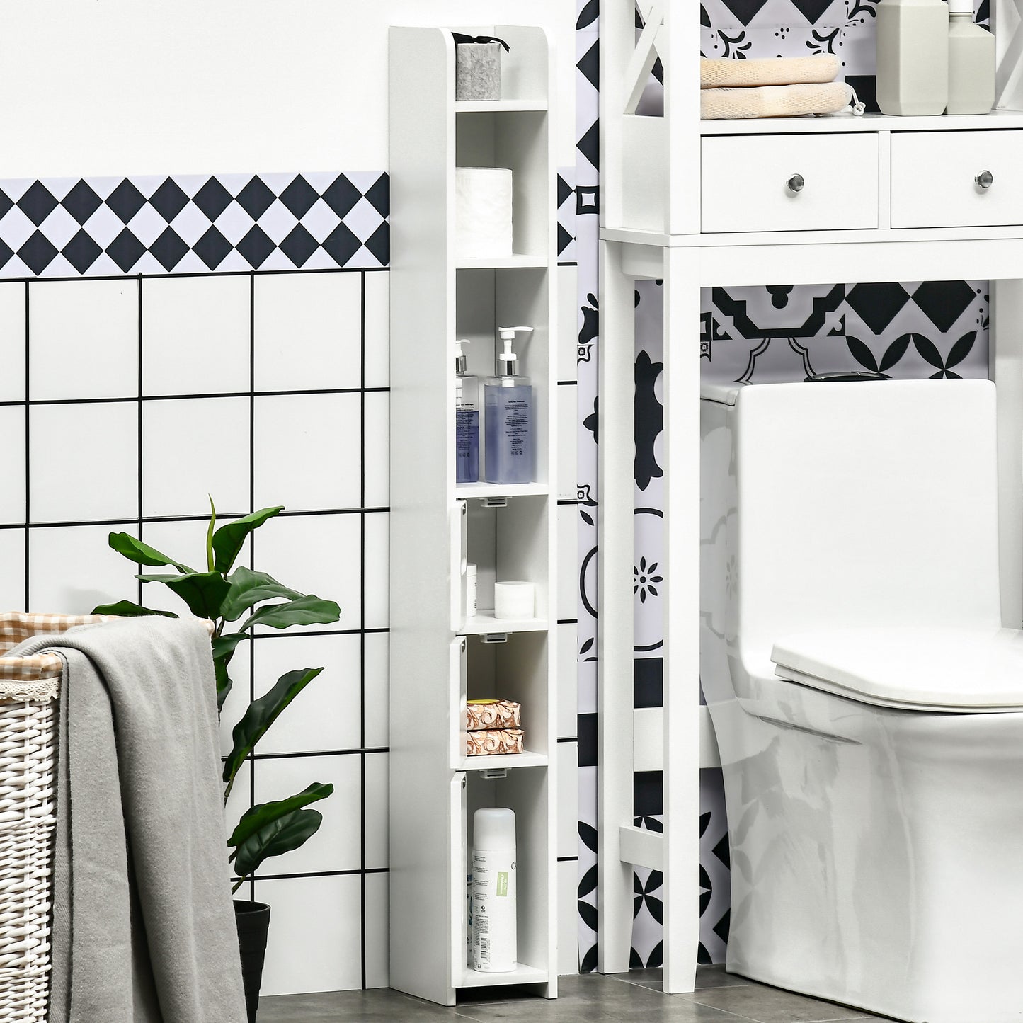 Rizi Tall Freestanding Bathroom Storage Unit With OFauxn Shelves And Cupboards White