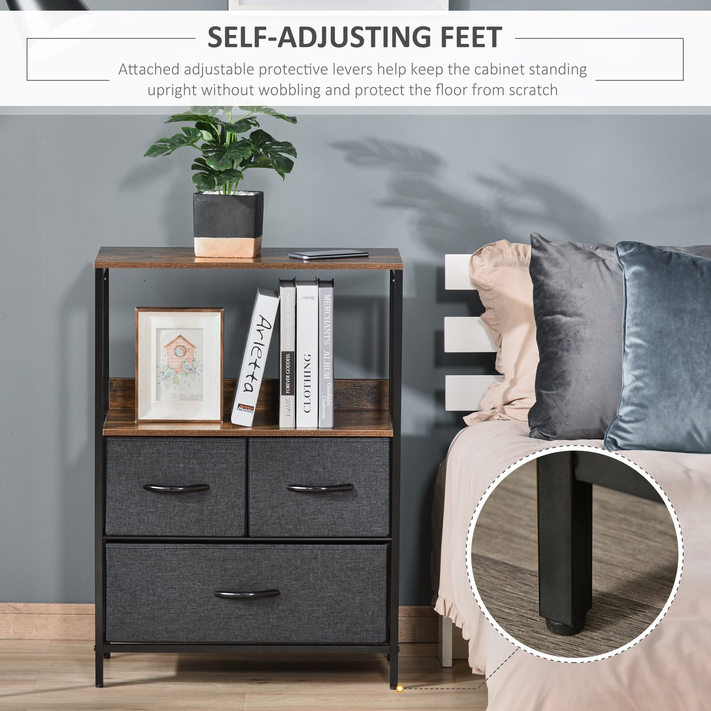 Ranotte Wooden Black 3 Fabric Drawer Storage Chest With Shelf