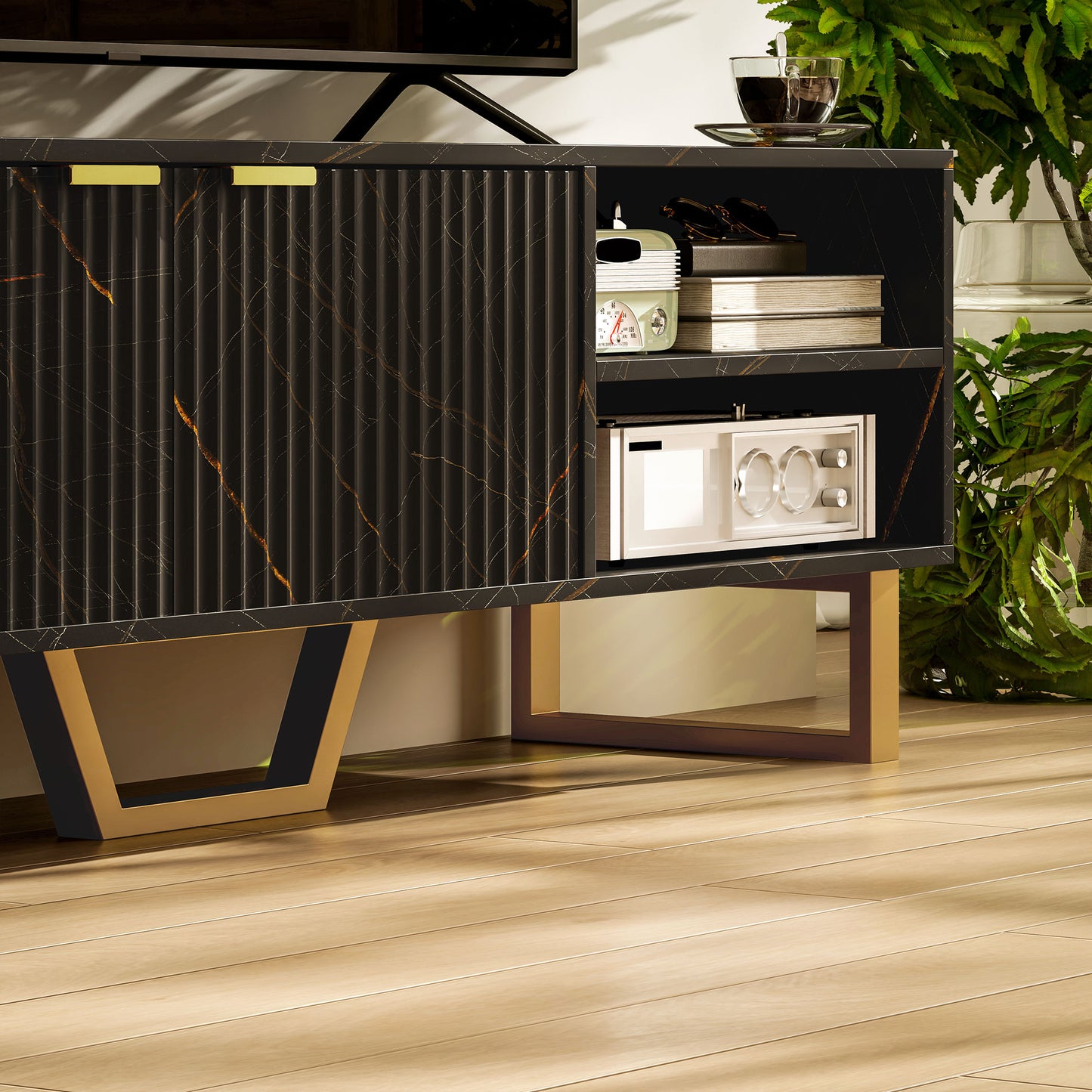 Baseva 140cm Wooden Black and Gold Marble Effect TV Unit With Fluted Doors For Screens Up To 70 Inches