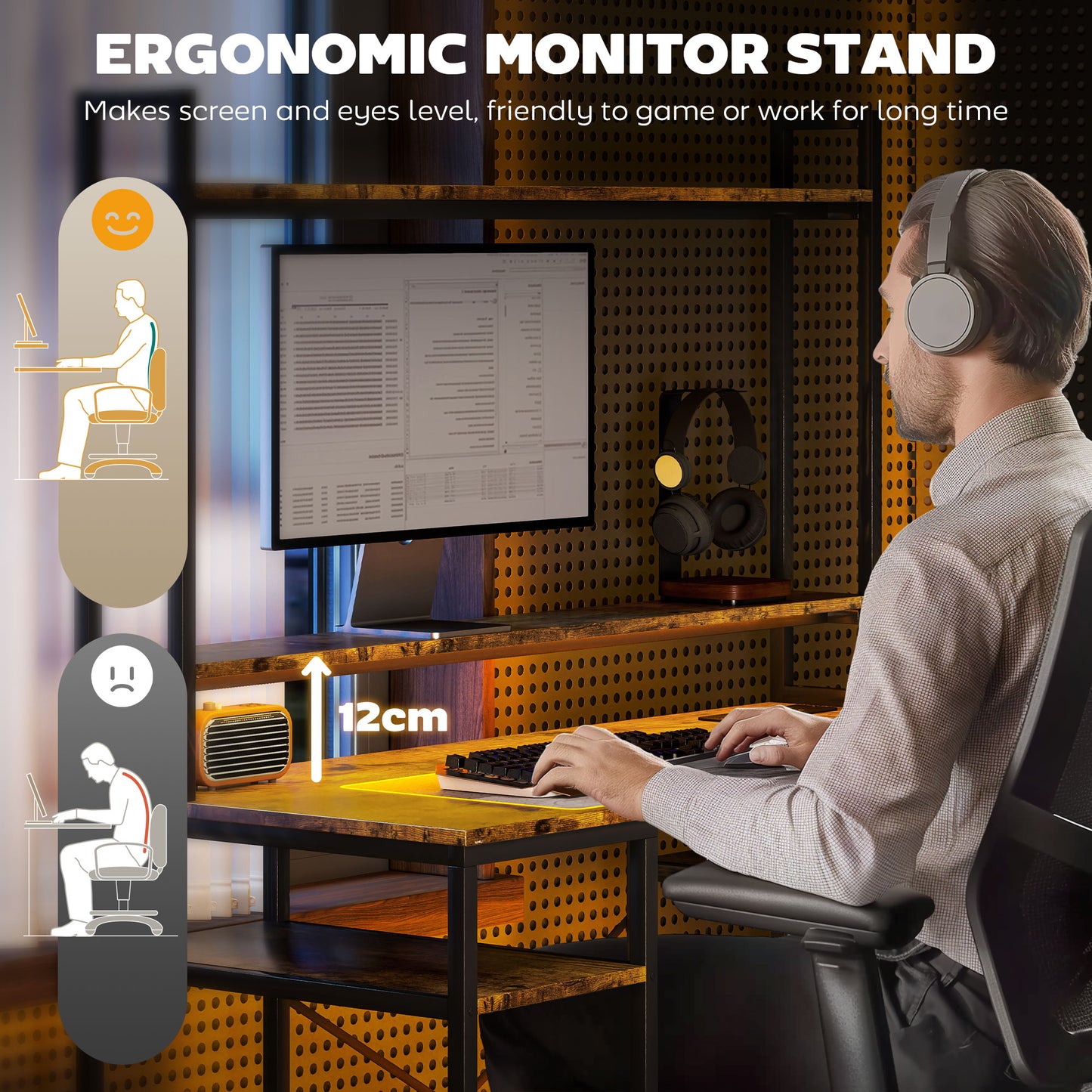 Sedo 120cm Rustic Brown Gaming Desk With Power Outlets LED Lights Monitor Stand And Storage Hutch