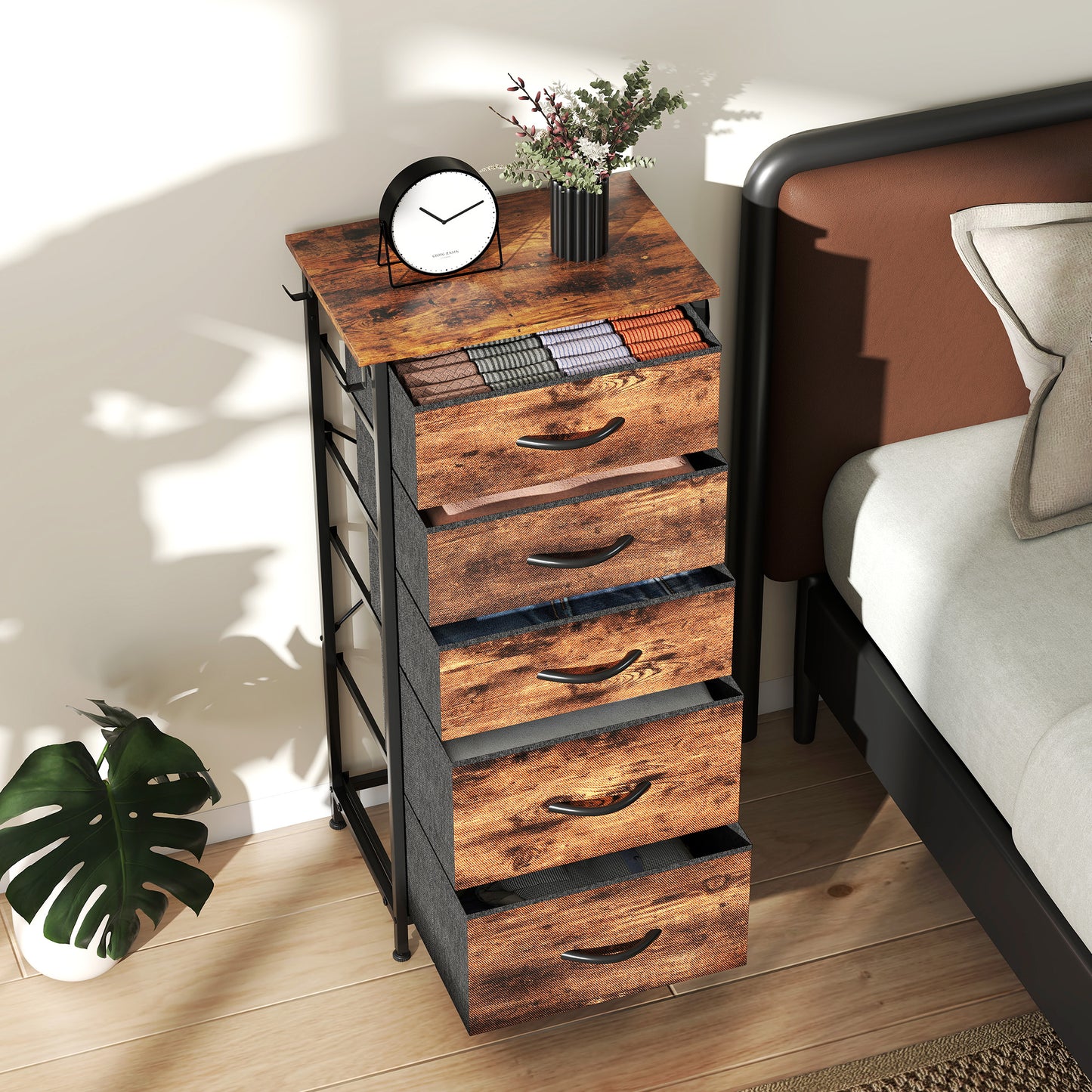 Kepa Fabric And Metal Rustic Brown 5 Drawer Storage Chest
