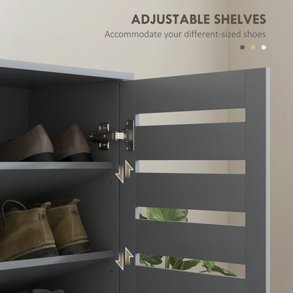 Zifa Wooden Grey Slim Shoe Cabinet With 5 Tier Storage And Slatted Doors
