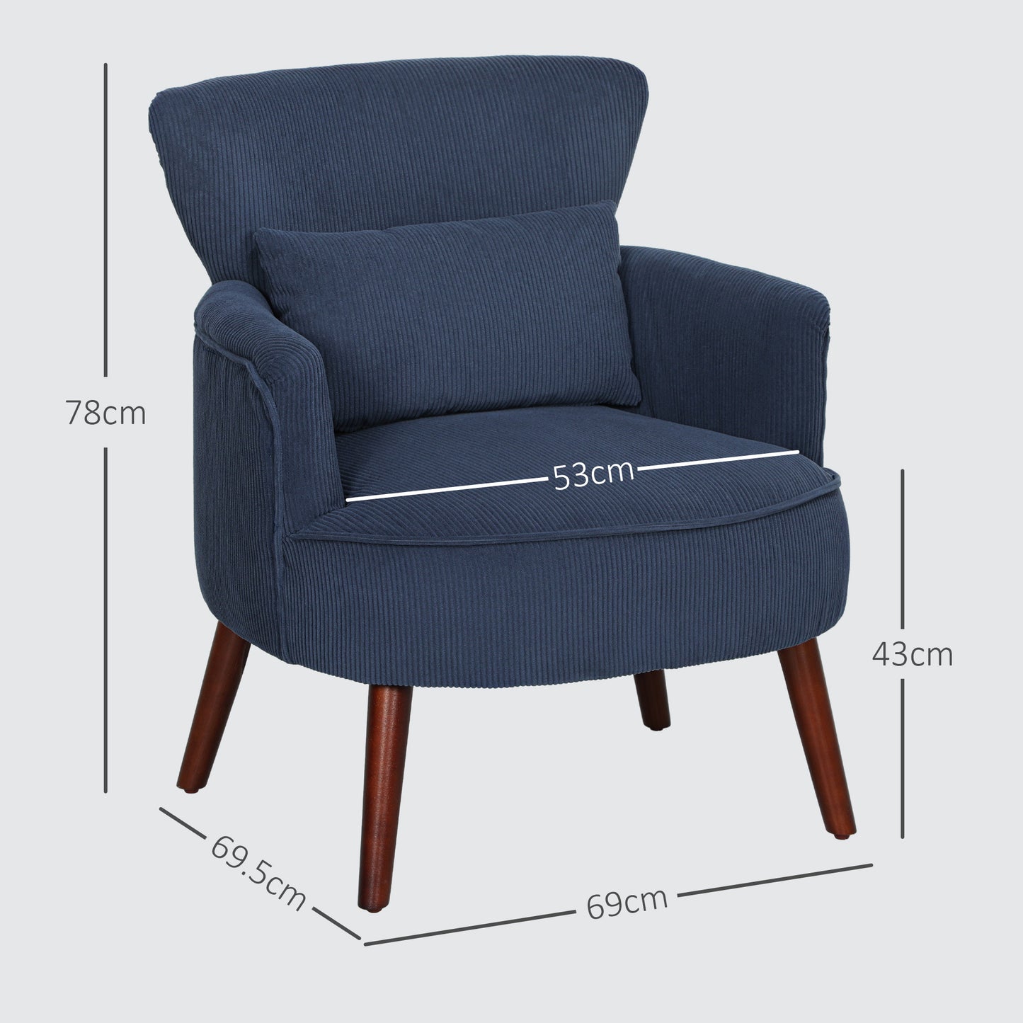 Kesu Blue Corduroy Retro Style Accent Chair Dark Wooden Angled Legs