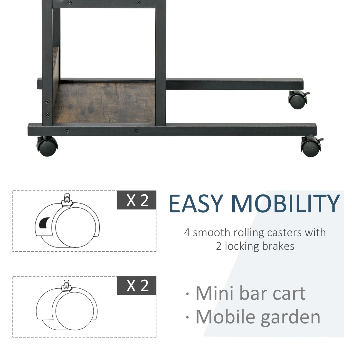 Comiro Metal Black Industrial Sofa Side Table With 3 Tier Shelves with Lockable Wheels