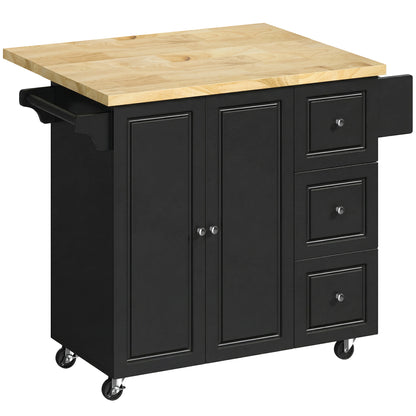 Rolelo Wooden Black Rolling Kitchen Island With Drop Leaf Drawer Towel And Spice Racks