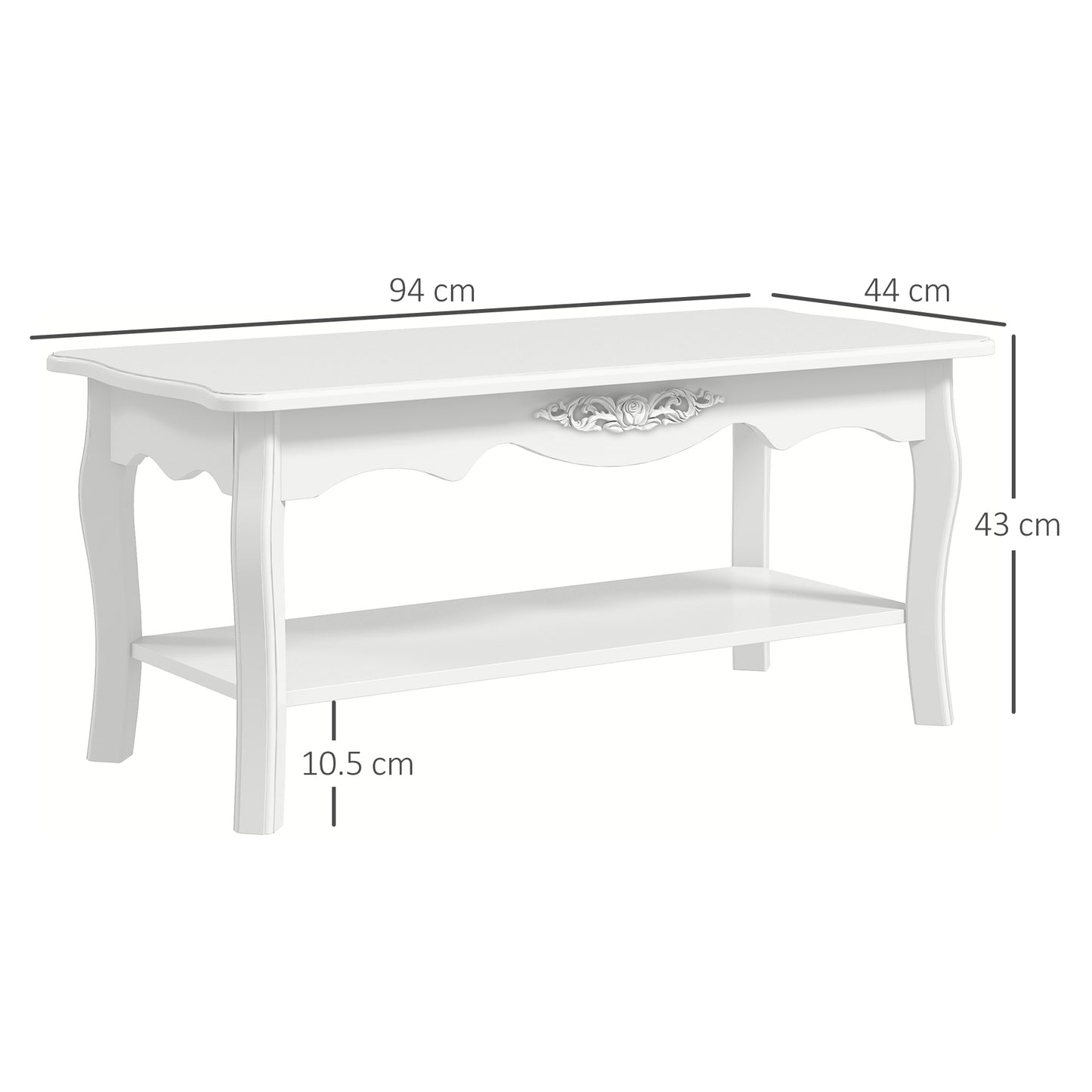 Noketa Wooden White Rectangular Mid Century Coffee Table With Storage Shelf