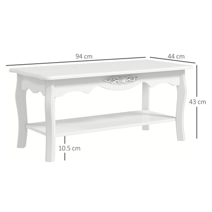 Noketa Wooden White Rectangular Mid Century Coffee Table With Storage Shelf
