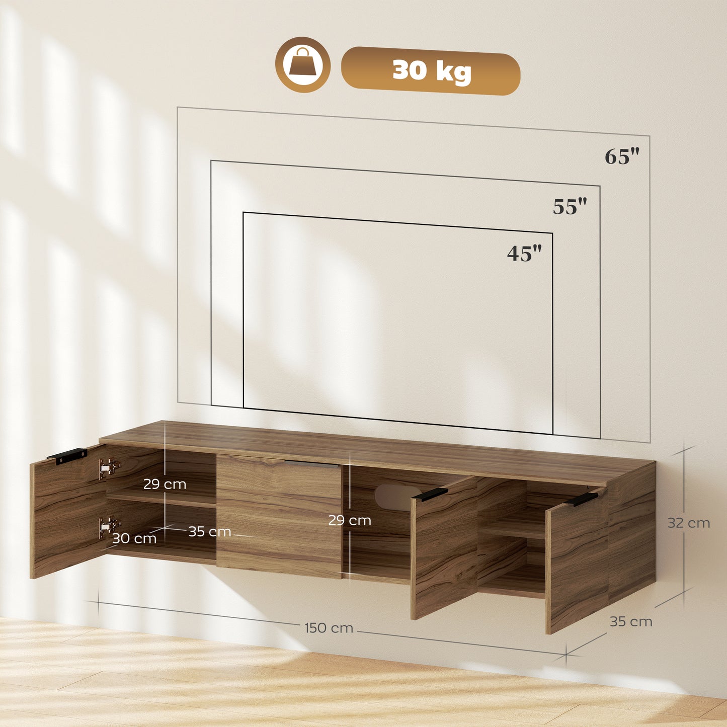 Avacasa 150cm Rustic Brown Floating TV Unit With Shelves And 4 Doors