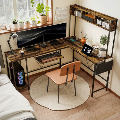 Ledoel 240cm Rustic Brown Reversible L Shaped Desk With Power Outlet Shelves And Keyboard Tray For 2 Users