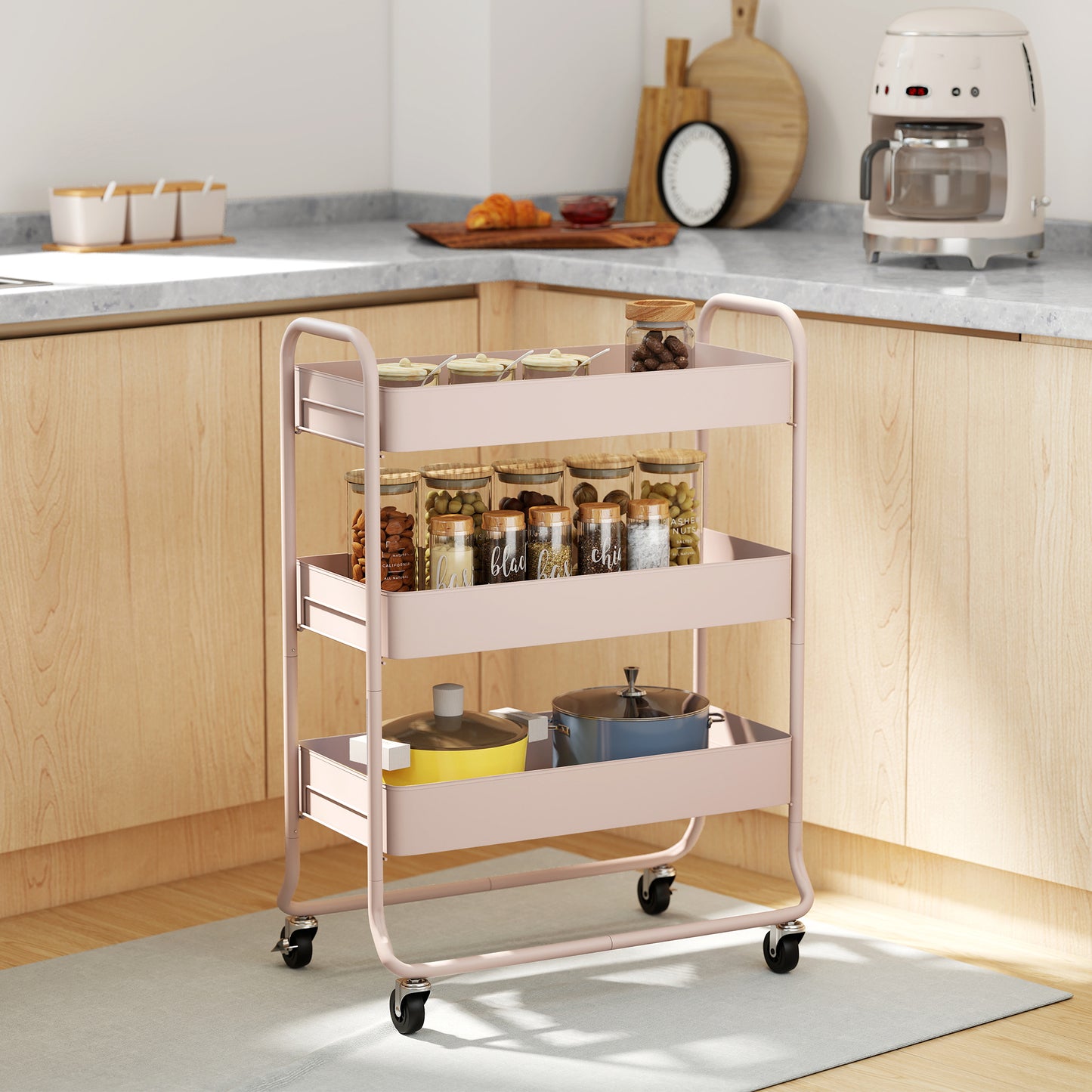 Noluli Doha Metal Light Pink 3 Tier Rolling Utility Trolley With Mesh Baskets