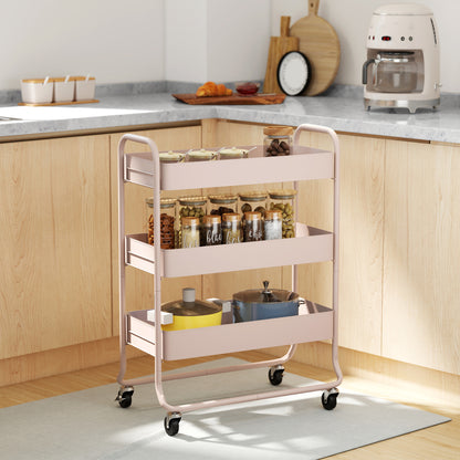 Noluli Doha Metal Light Pink 3 Tier Rolling Utility Trolley With Mesh Baskets