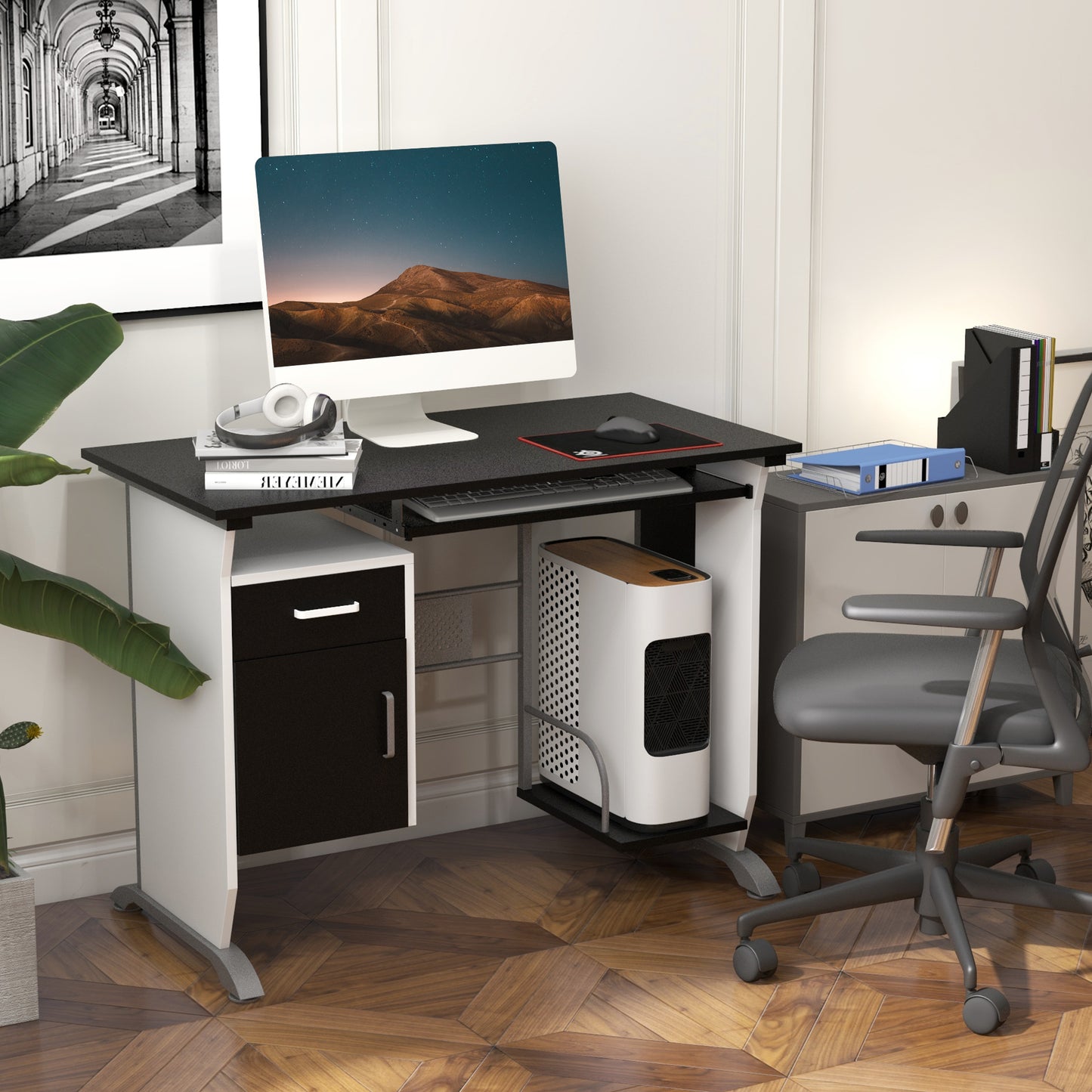 Tafi 100cm Wooden Black Home Office Desk With Keyboard Tray Drawers And Storage Shelves