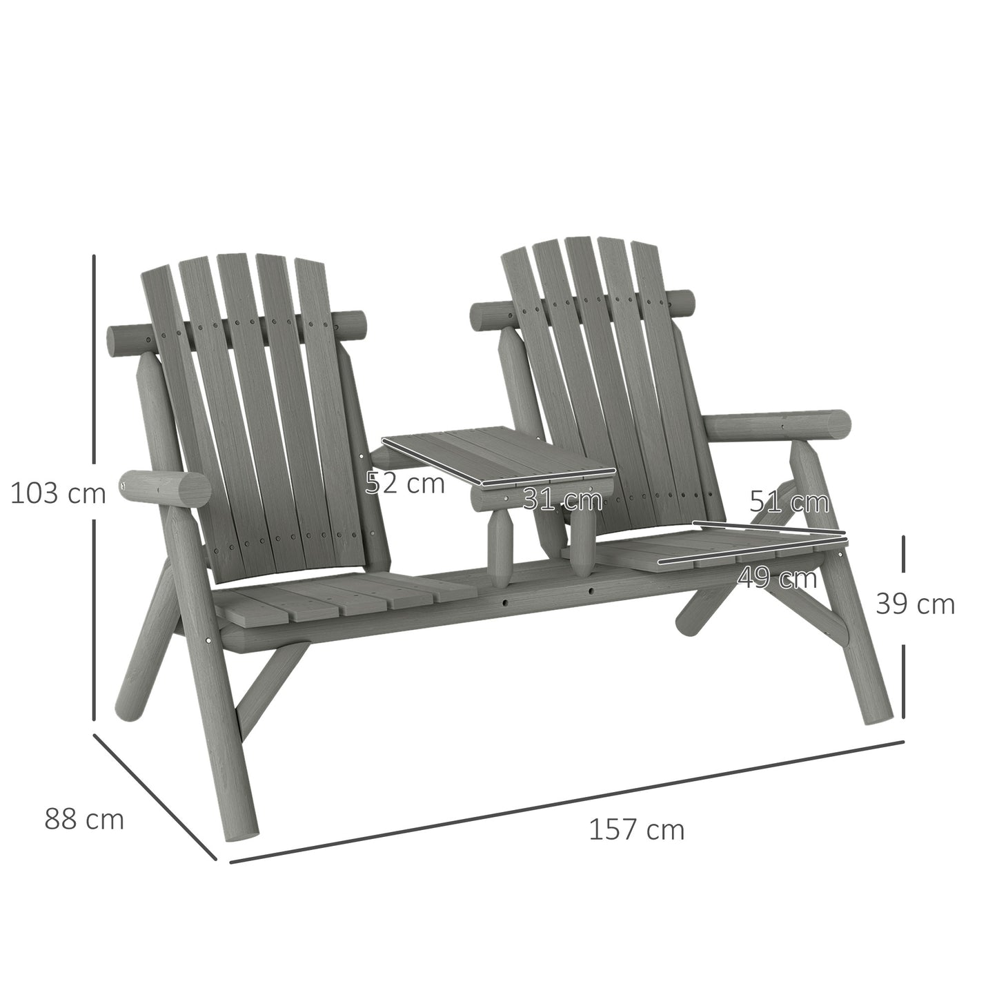 Nine Wood Grey 2 Seater Garden Bench With Central Coffee Table