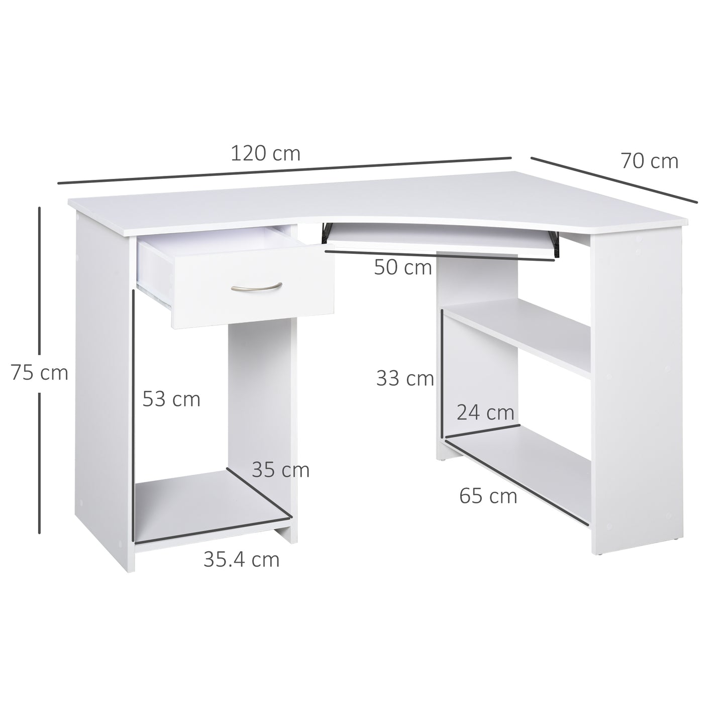 Bavise 120cm Wooden White L Shaped Corner Desk With Keyboard Tray Drawers