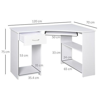 Bavise 120cm Wooden White L Shaped Corner Desk With Keyboard Tray Drawers