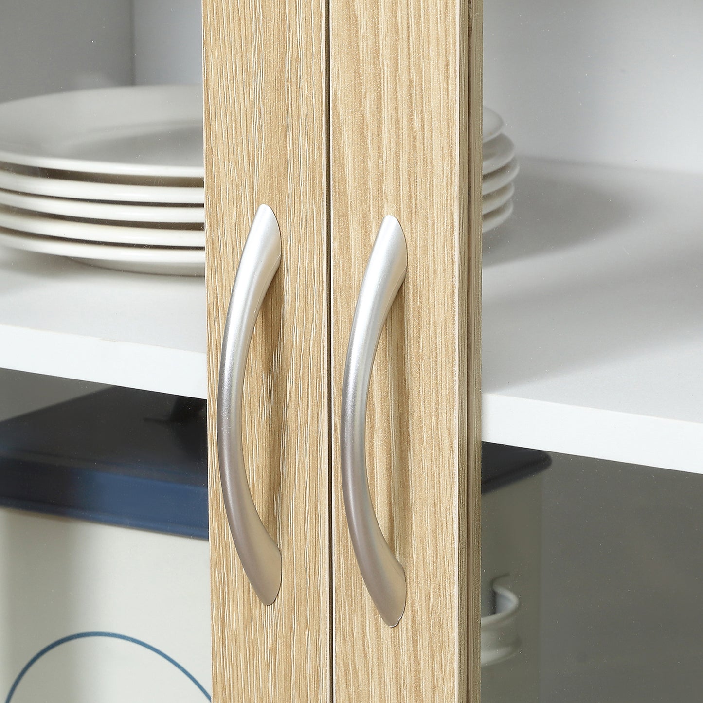 Vefaso Wooden White Tall Kitchen Hutch With Central Drawer Glass Door Cabinets And Countertop 180 cm